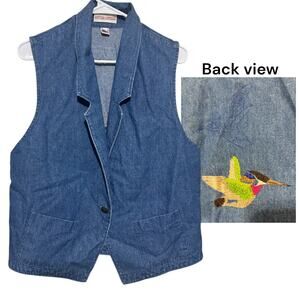 VTG Gotcha Covered Denim Vest sz L Western handmade Bird Embroidery on Back USA
